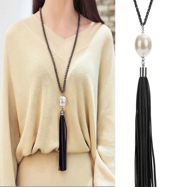 Мода черный ожерелье длинная цепь шарм бусины кожи кисточкой свитер цепи для женщин ювелирные изделия