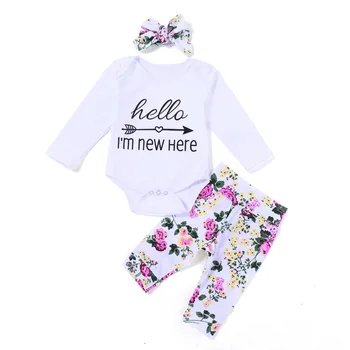 

2020 Infant Girls 3PCS Clothing Sets "Hello I'm New Here" Romper+Floral Pants+Headband Newborn Baby Girl Clothes