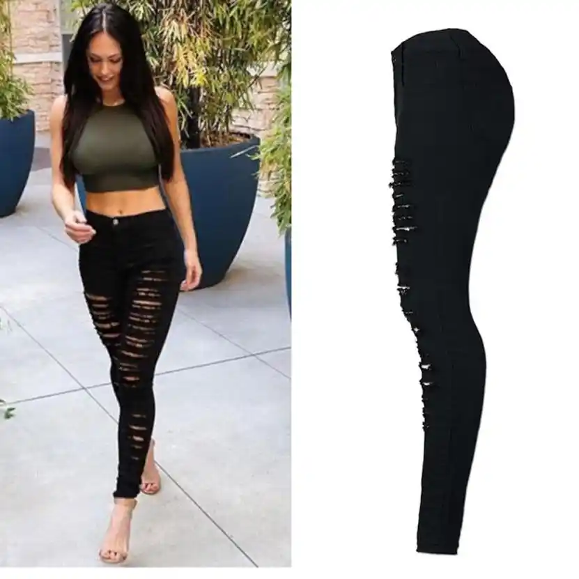 Pantalones Pitillo Vaqueros Negros Rasgados Primavera Moda Mujer