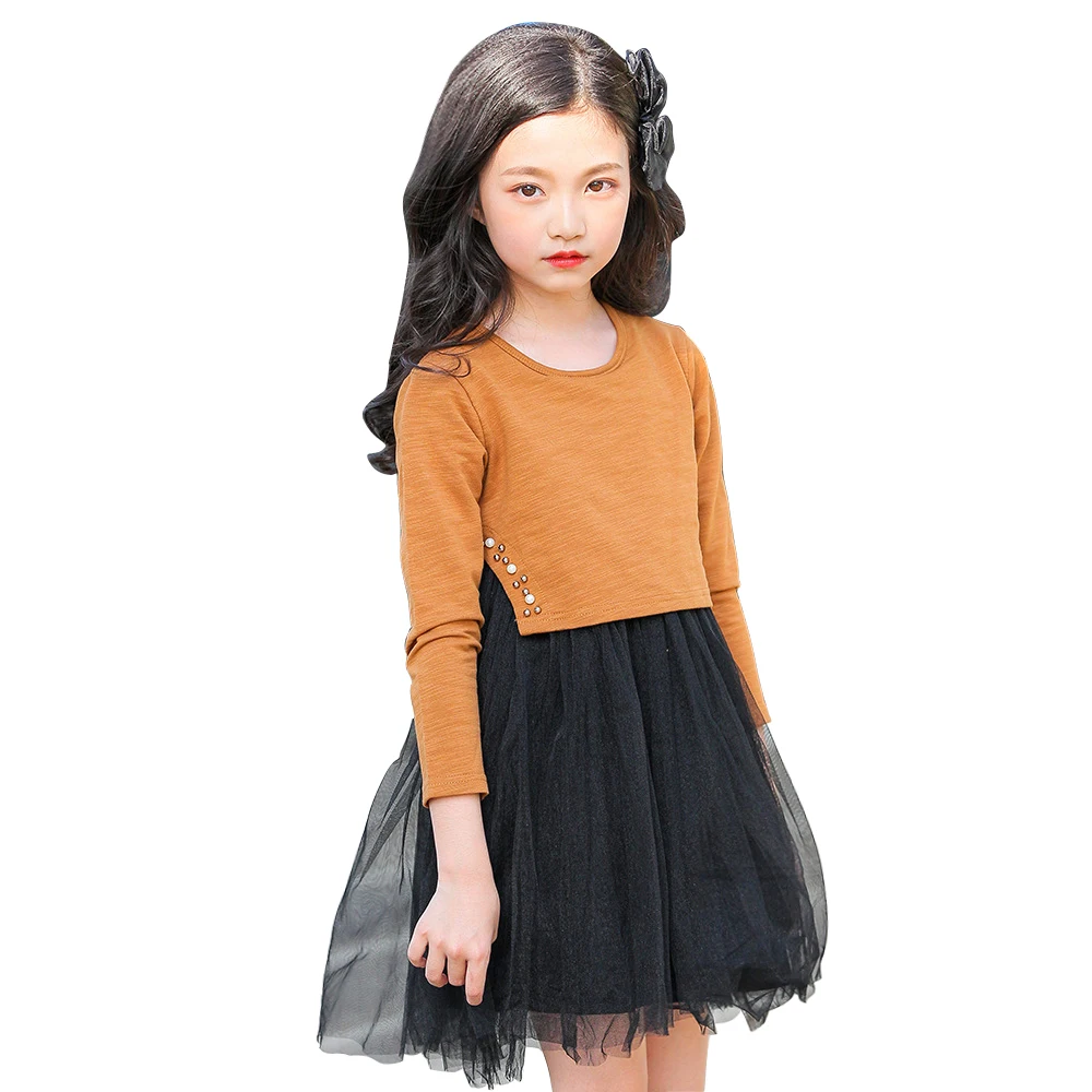 

4 - 14 yrs teenage girls long sleeve dress 3d pearl knit stitching tulle princess dresses 2018 autumn winter cotton kids costume