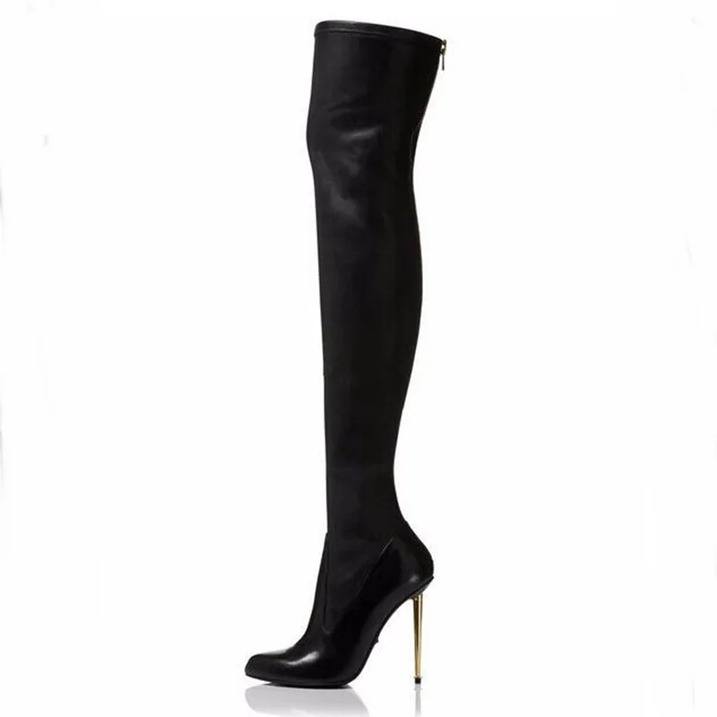 fino coxa alta botas moda ouro metal