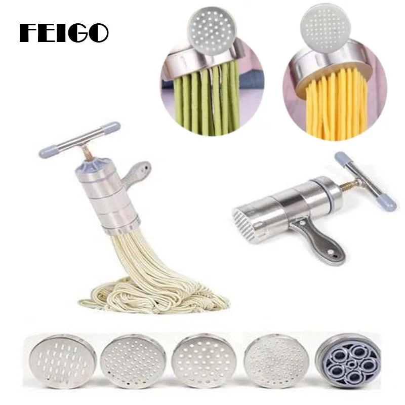 

FEIGO Manual Noodle Maker Pressing Maker Machine with 5Pcs Mold Mouth Kitchen Cooking Baking Pastry Tools Pasta Attachments H622