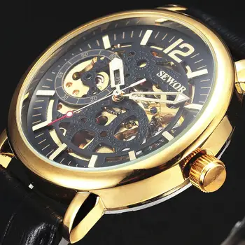 

SEWOR New Fashion Skeleton Watches Men Male Business Clock Leather Strap Cool Army Mechanical Automatic Dress Gold Watch Gift