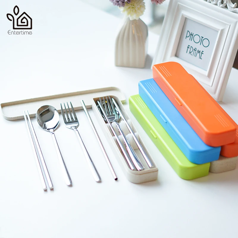 

Entertime Portable Stainless Steel Travel Cutlery Kit Flatware Set Spoon Fork Chopsticks straw with Box for School/ Picnic
