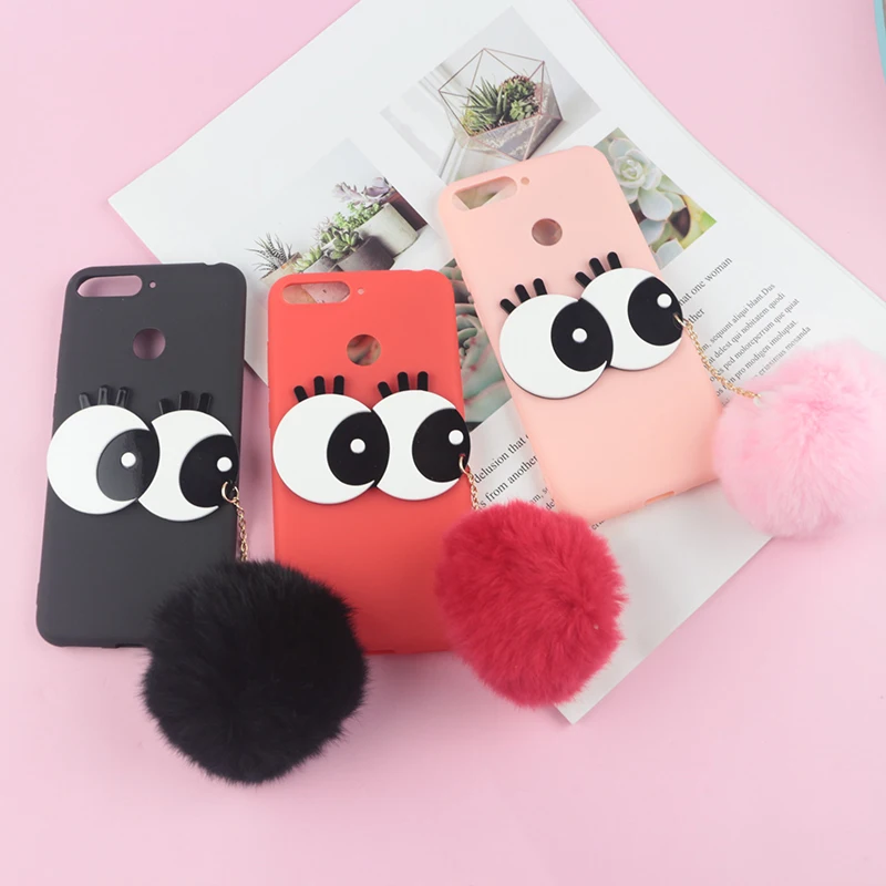 

3D Cartoon Big Eyes Cute Hair Ball Case For Huawei Honor 9 Lite 9N 10i 20i V8 V9 Play V10 V20 Soft TPU Cover