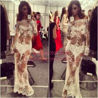 2014 New Arrival Scoop Mermaid Appliqued Formal Evening Dress Long See Through Lace Prom dress With Long Sleeves EV0086