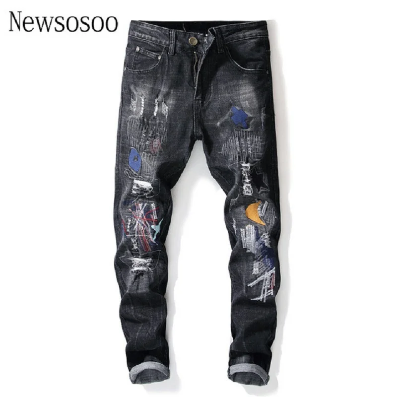 

European American Style fashion brand mens hole jeans luxury Men slim denim trousers Slim black Striped jeans Pants for men
