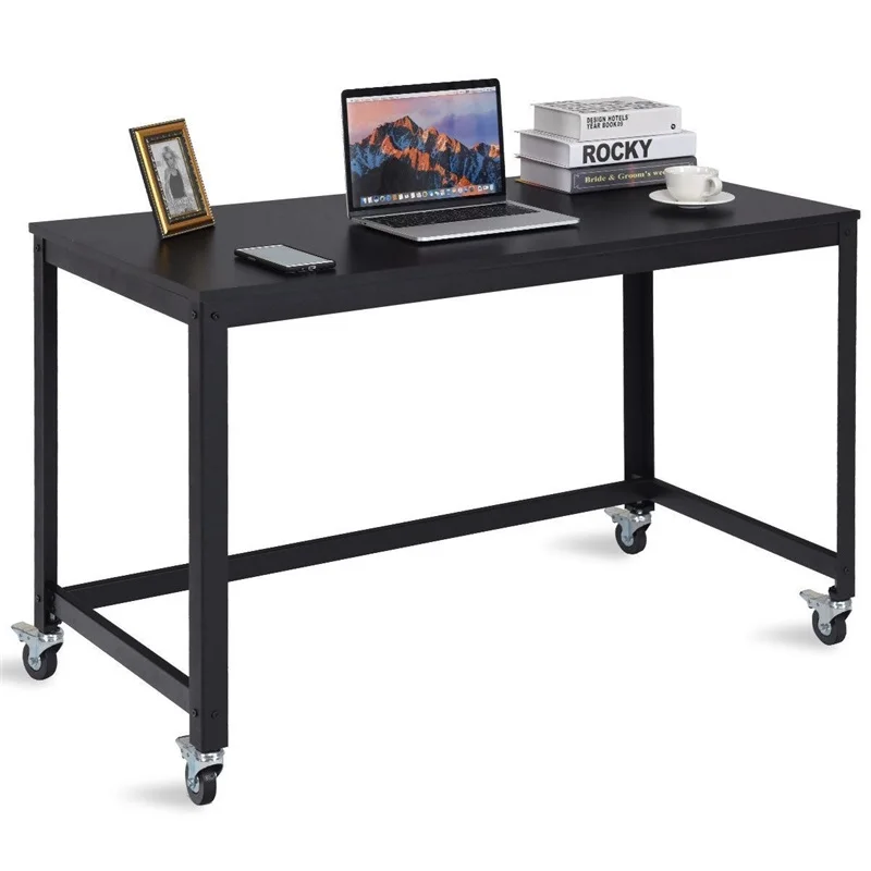 Wood Top Metal Frame Rolling Computer Desk Laptop Table With 4