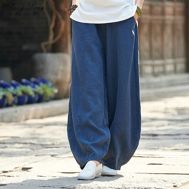 Льняные женские брюки, льняная одежда для женщин, эластичная резинка на талии, Удобные однотонные широкие белые льняные брюки, свободный размер Q331 - Цвет: 3