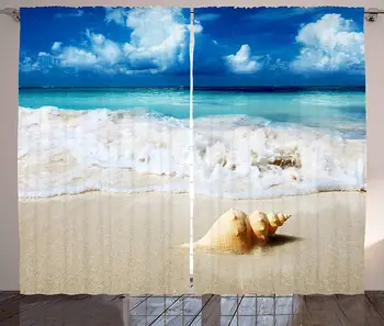 

Nautical Curtains Seashells Ocean Decor Nautical Picture of Sunny Sandy Coastline Caribbean Ocean with Waves Living Kids Girls