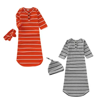 

0-2T Orange Grey Casual Autumn Baby Long Sleeve Rompers Cotton Striped Print Sleepwear Outfits+Headband Newborn Sleeping Bag Set