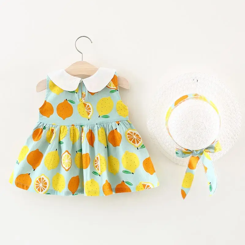 

Stylish Summer Baby Girl New Dress Children's Wear Solid Color Lemon Print Dress with Hat Comfortable For Dressing