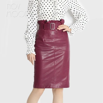 

Women elegant purple genuine leather lambskin tanning leather high waist pencil skirt with belt faldas mujer etek jupe LT2711