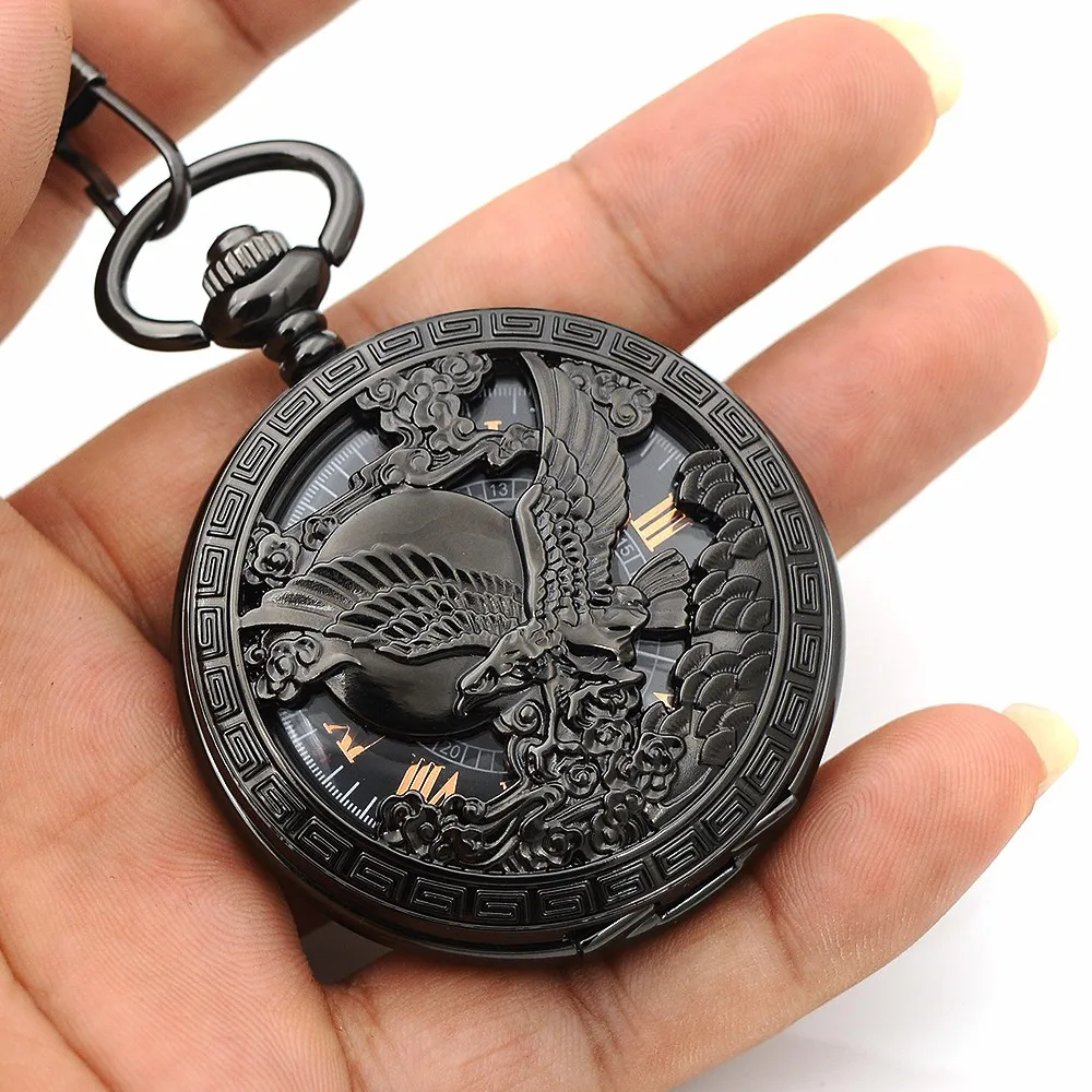 Скелет Классический стимпанк карманные часы США эмблема с орлом армейские мужские черные Модные Винтажные ручной Ветер механические