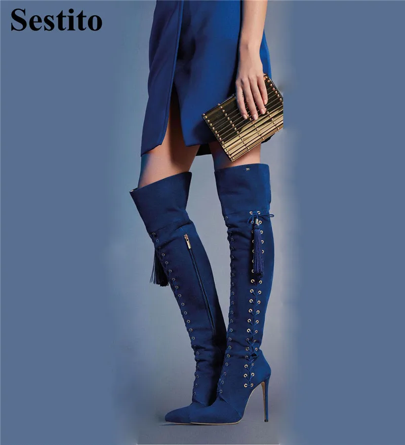 

Fashion Cross-tied Flock Fringe Woman Boots Pointed Toe Over-the-Knee Boots Women Super High Heel Thin Heels Zip Ladies Shoes