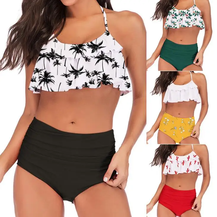 

2019 Palm Tree Push up Bikini Set Women Helter Ruffle Swimwear Sexy Off Shoulder High Waist Swimsuit Women Beach Bathing Suit