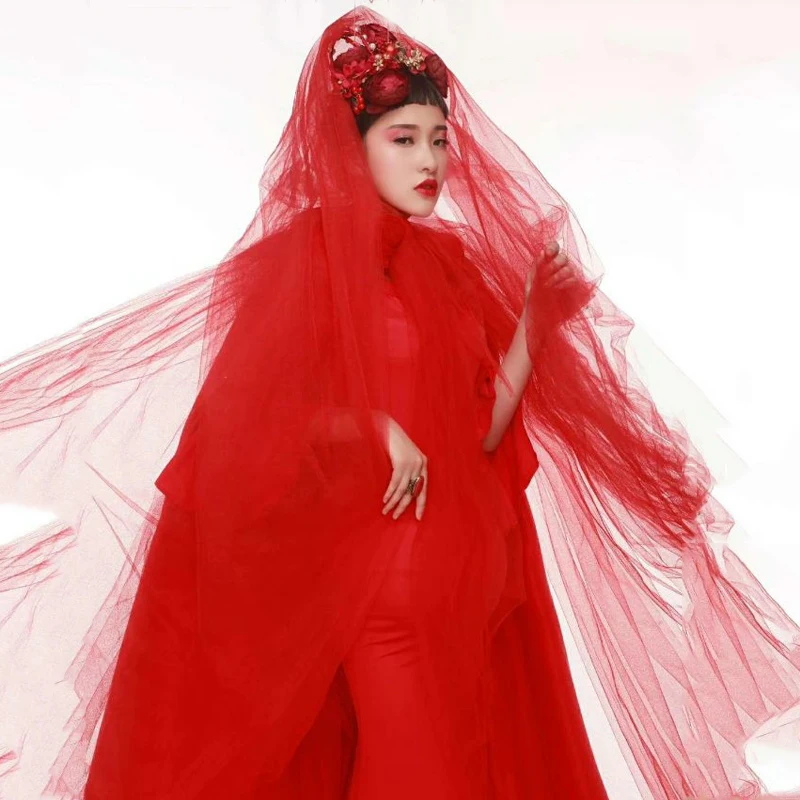 Красный Тюль один слои вуаль для женщин модный костюм аксессуар для волос с кромкой Свадебные Румяна Фата