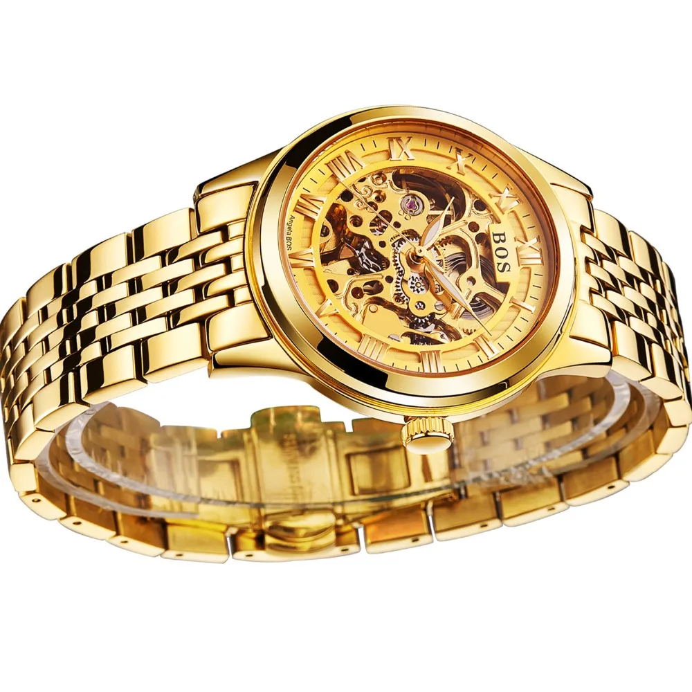 Relogio Masculino أنجيلا BOS الذهب الهيكل العظمي التلقائية ووتش رجالي للماء الفاخرة مضيئة العسكرية الميكانيكية ساعة معصم ساعة