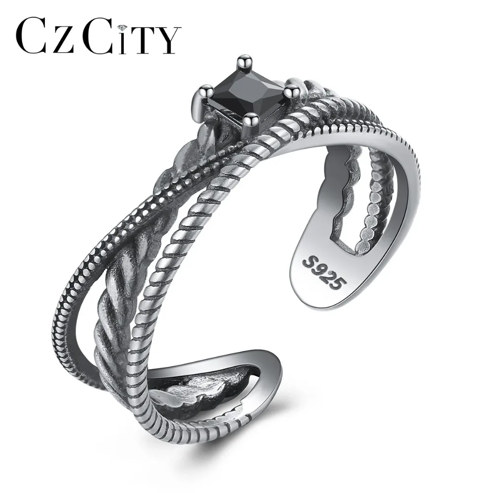 Czcity Vintage Twisted Silver 925 Sterling Hollow Design Open Rings For Women Black Zircon Jewelry Anillos Para Las Mujeres 2018 huismerk kopen in de aanbieding