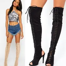 Распродажа недорогие ботфорты черного бежевого цвета замшевые ботфорты выше колена высокие босоножки с открытым носком пяткой на шнуровке сандалии-гладиаторы ботинки