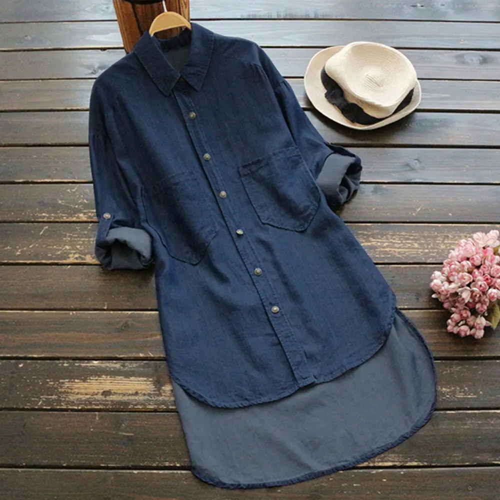Women Loose Casual Long Sleeve Denim Shirt Autumn Vintage Solid Blue Ladies Blouses Turn-down Collar Blouse Jean Plus Size 5XL - Цвет: dark blue