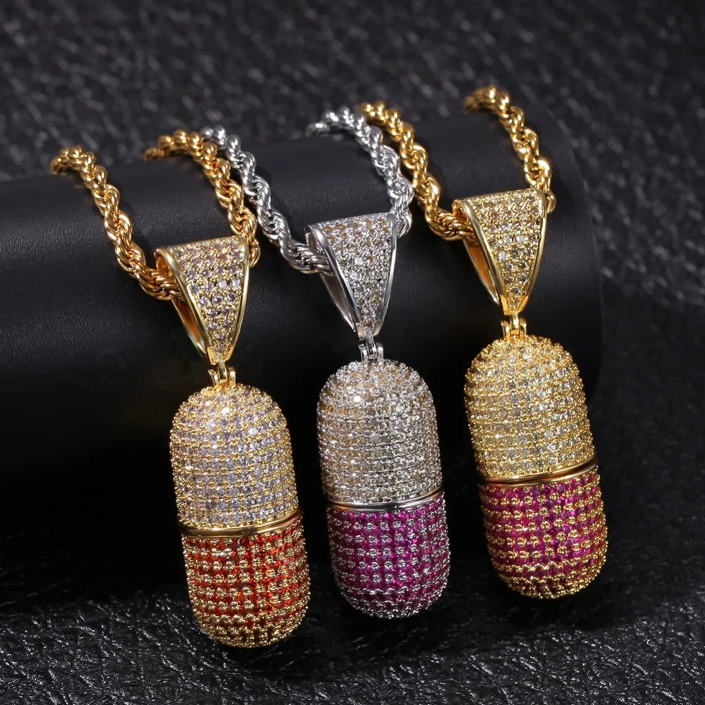 

Mens Hip Hop Jewelry Bling Colored AAA Zirconia Pills Necklace Can Open Capsules Pendant Iced Out Women Copper Chains