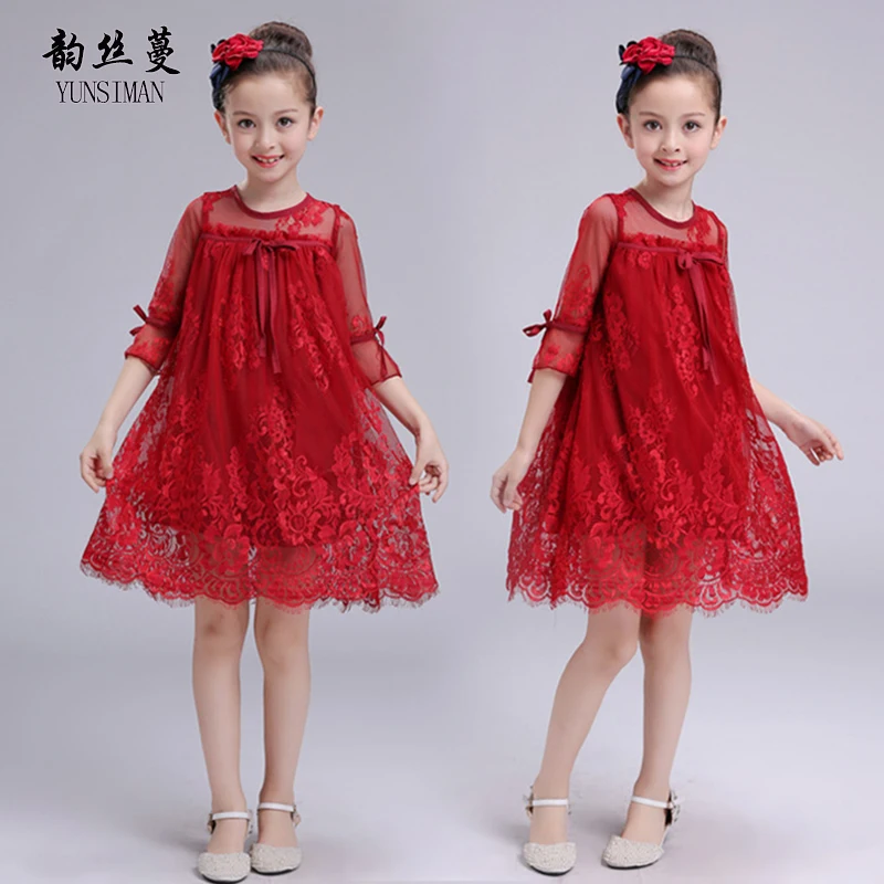 

Kids Lace Mini Dresses for Girls 4 6 8 10 12 to 14 Years O-neck Half Sleeve Gray Red Party Dress Children School Clothing 33C11A