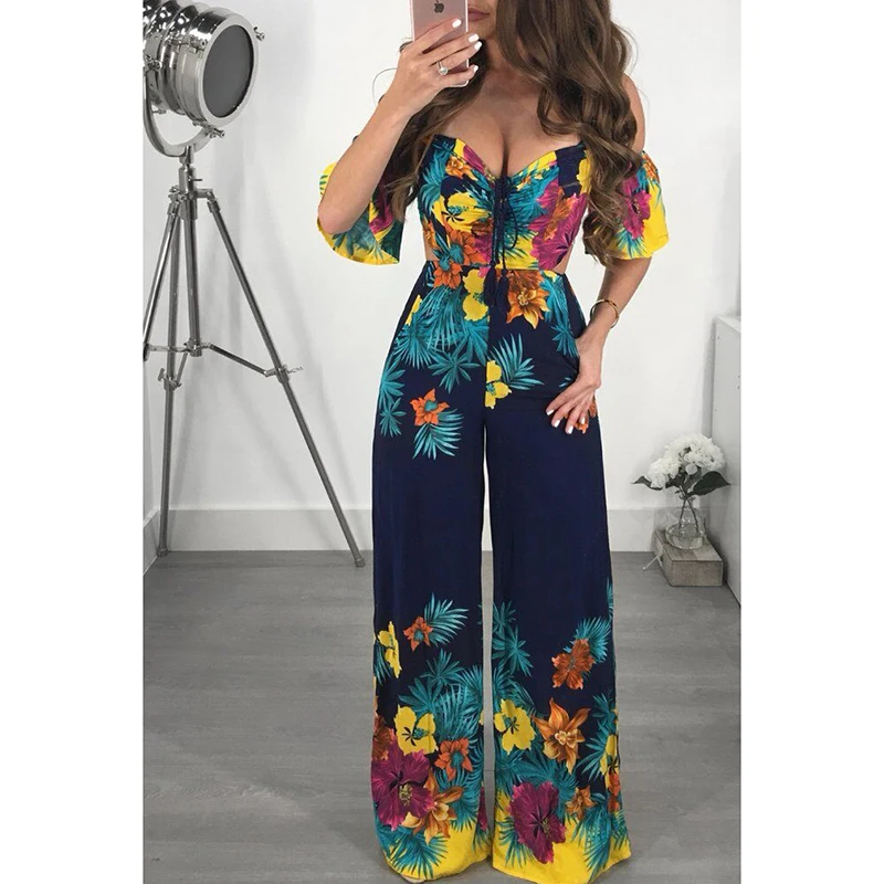 

Bohemian strapless jumpsuit women wide leg pants jumpsuits womens romper Summer high waist floral print overalls femme