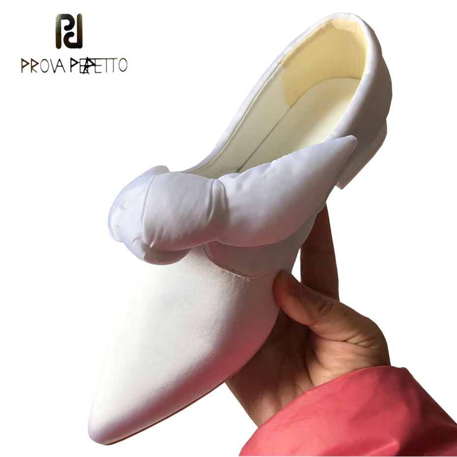 

Prova Perfetto ribbon ear decor pointed toe women shoes slip on low heel bowtie satin princess shoes white ladies daily shoes