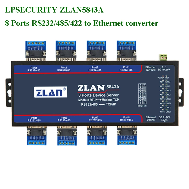 ZLAN5843A 8 портов RS232 RS485 к Ethernet TCP/IP преобразователю множества последовательных