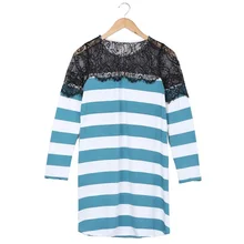 Elegant lace stitching long sleeve green stripes tshirt dress women purple striped dress 2017 high quality loose ladies dresses