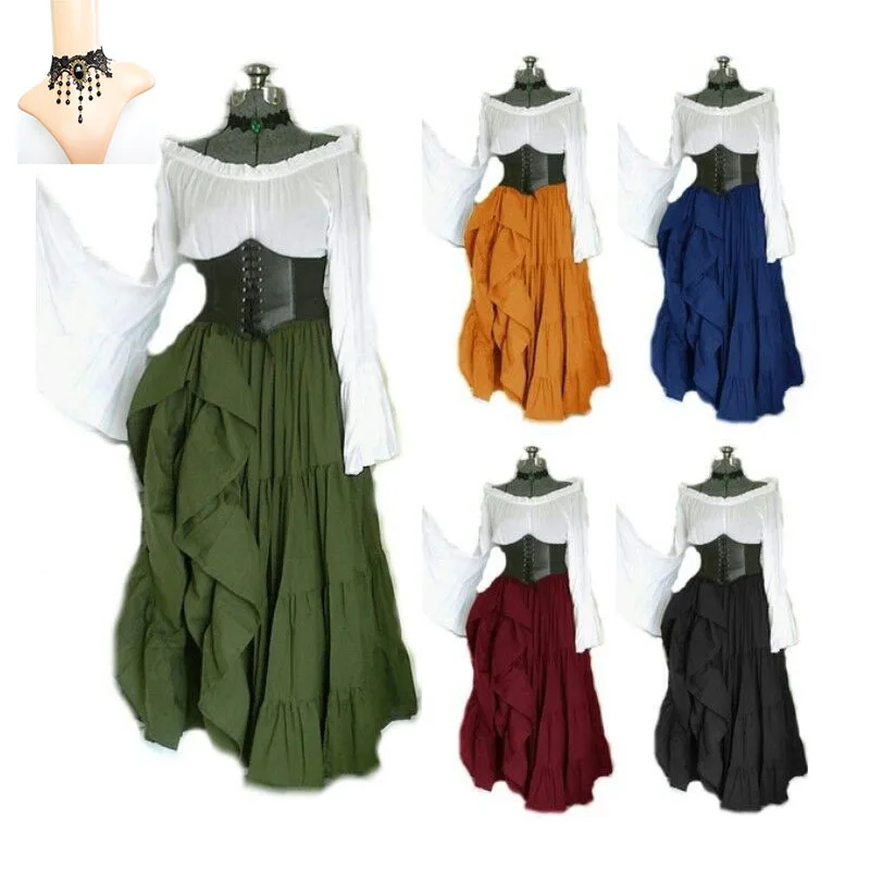 

6 Colors Women Long Sleeve Medieval Renaissance Gothic Dress Casual Female Cosplay Lace Crochet Dresses S-3XL with Necklace