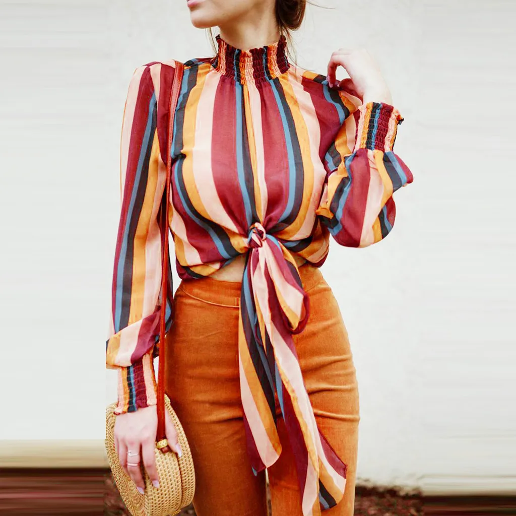 

Spring Autumn Fashion Women Stand Collar Stripe Printing Bandage Long Sleeves Tops Blouse Slim Orange Elegant Ladies Blouse A30