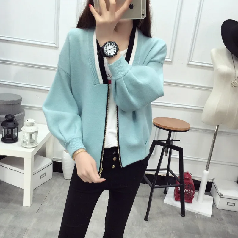 Sweater womens Lantern black Korean sweater gray red Coat Spring E0608 Zipper 2016 Blue Knitted Fashion Cardigan Black New neck light V Sleeve Pink Knit Long w7qa0p