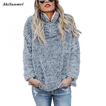 

2018 Winter Turtleneck Faux Fur Sweatshirt Women Thicken Warm Soft Plush Hoodies Pullover Female Zipper Solid Causal Fluffy Tops