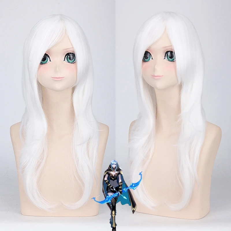 

League of Legends Ashe LoL 60cm Anime Game Long Curly Wavy Cosplay Wigs for Women Female Fake Hair for Costume Party White