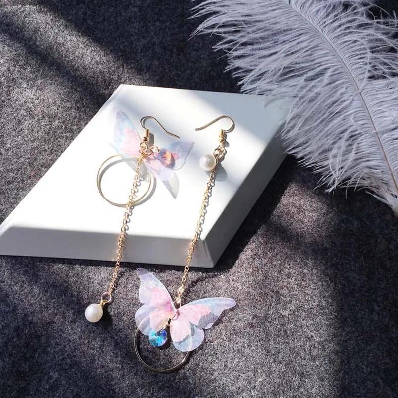 2018 Korea retro asymmetrical exquisite butterfly imitation pearl alloy long wings earrings for women's best gift