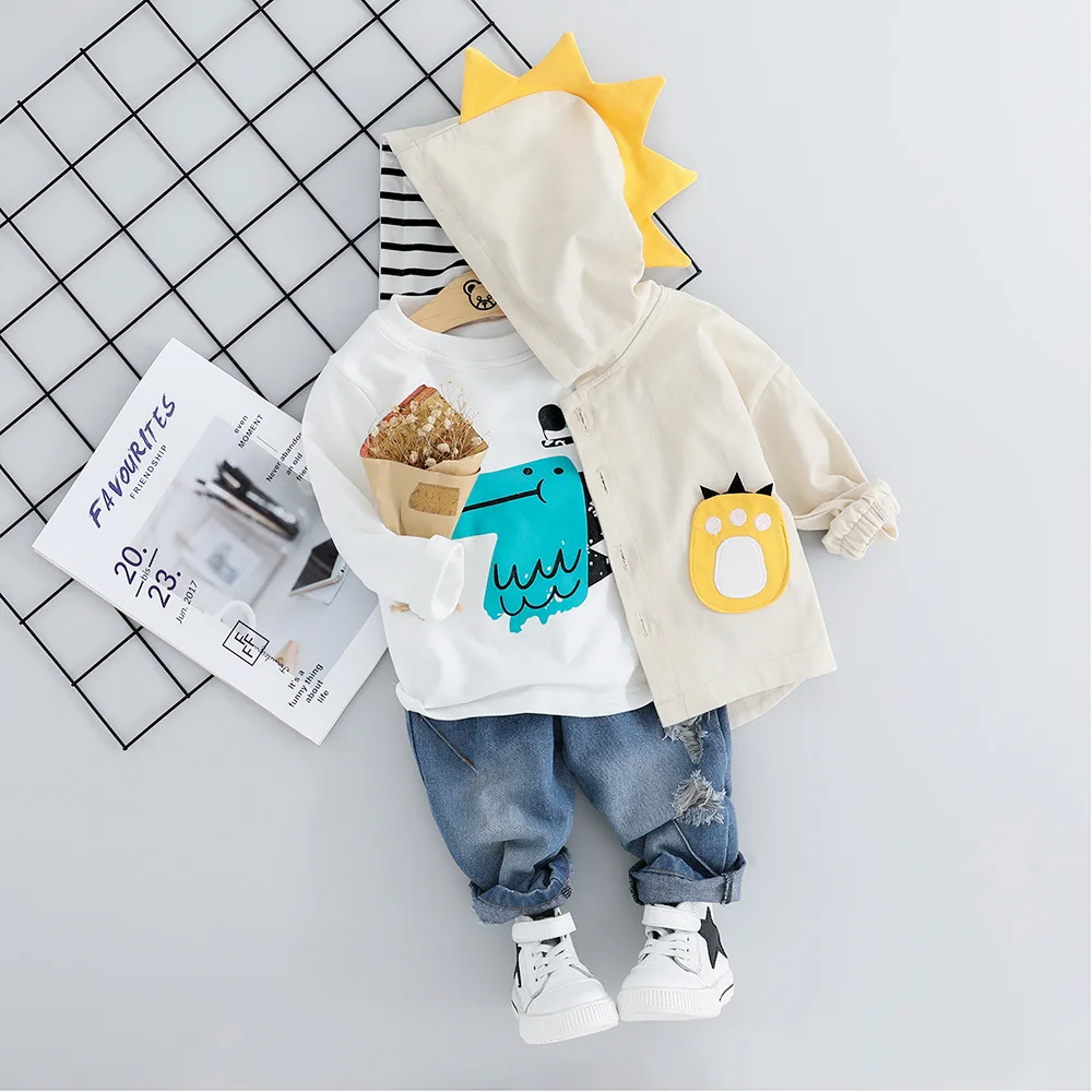 Cool boys fall dino outfits fashion hot sale jeans coat tops kids baby 3 pieces clothing set