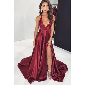 Vestidos de gala V Neck Long Spaghetti Strap Prom Dresses In Stock Split Side Burgundy Evening Dress Custom Made
Vestidos de gala V Neck Long Spaghetti Strap Prom Dresses In Stock Split Side Burgundy Evening Dress Custom Made