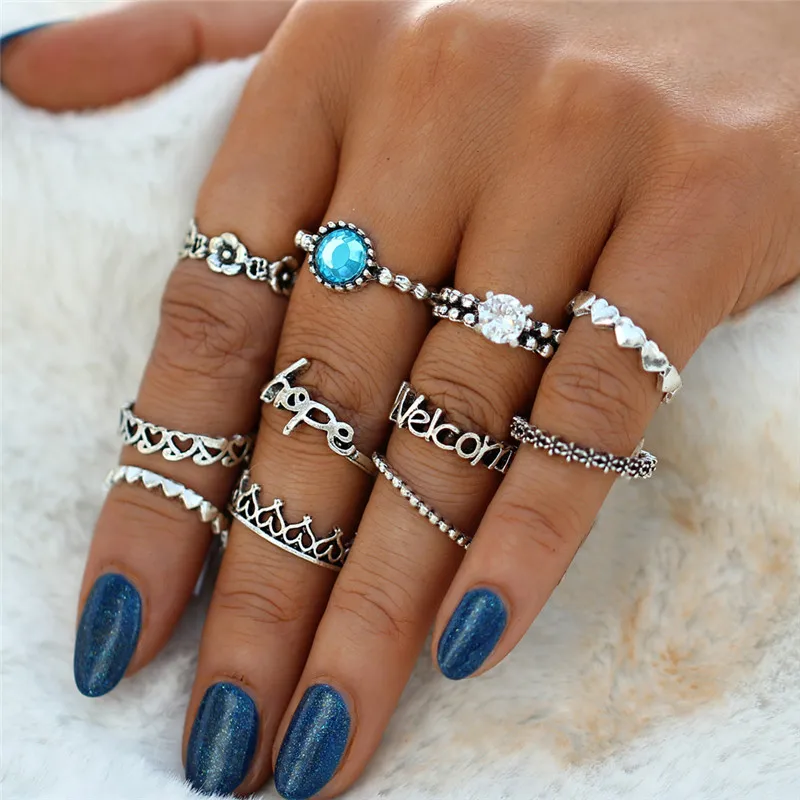

11PCS/SET Vintage Letter Flower Heart Knuckle Rings for Women Blue White Crystal Finger Midi Rings Set Fashion Jewelry YMCJR014