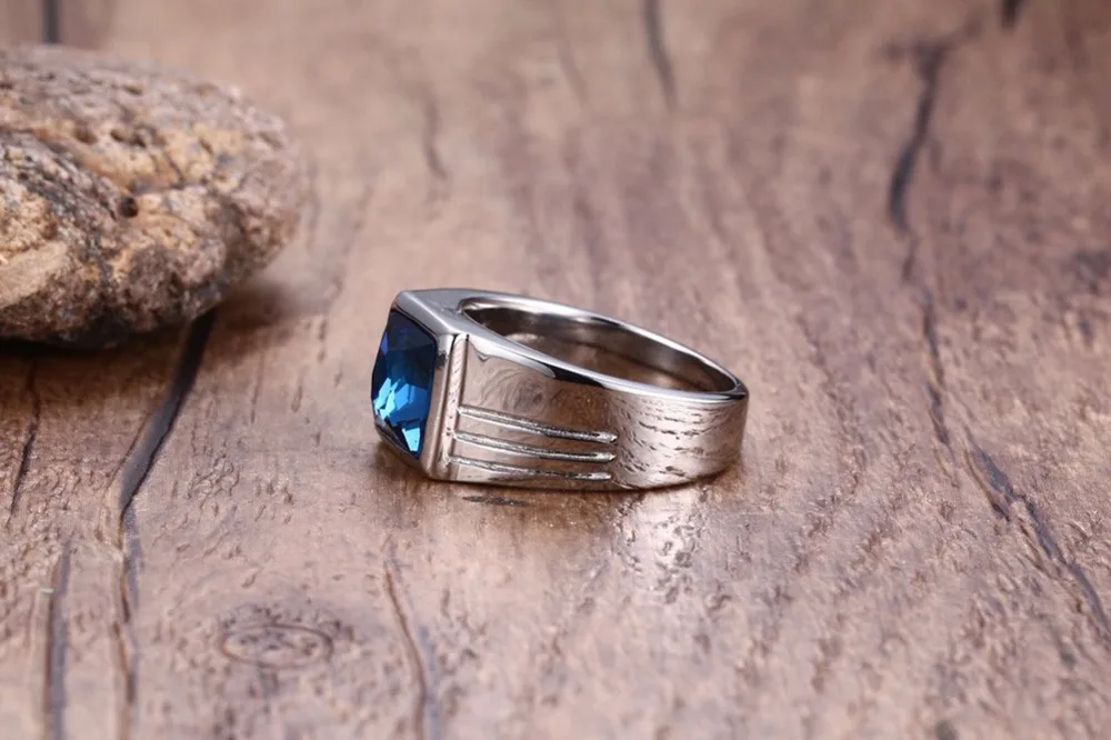 Fashion Mens Rings Stainless Steel Statement Ring with Rectangle Blue Stone Wedding Band Fashion Jewelry anel masculino 12