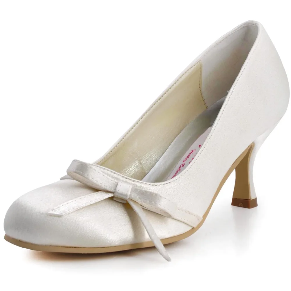 

A0756 Women Shoes wedding Bridal White Ivory Prom Party Round Closed Toe Med Heels Pumps Bow Satin ladies bride bridesmaids