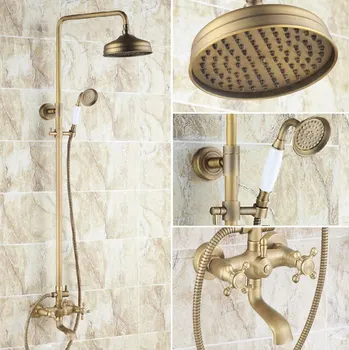 

Vintage Retro Antique Brass Dual Cross Handles Bathroom 8 Inch Round Rain Shower Faucet Set Tub Mixer Tap Hand Shower mrs126