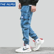 Мужские Винтажные модные Лоскутные Джинсовые штаны, уличная одежда, хип-хоп брюки-карго, мужские джинсы, шаровары, синие WB50