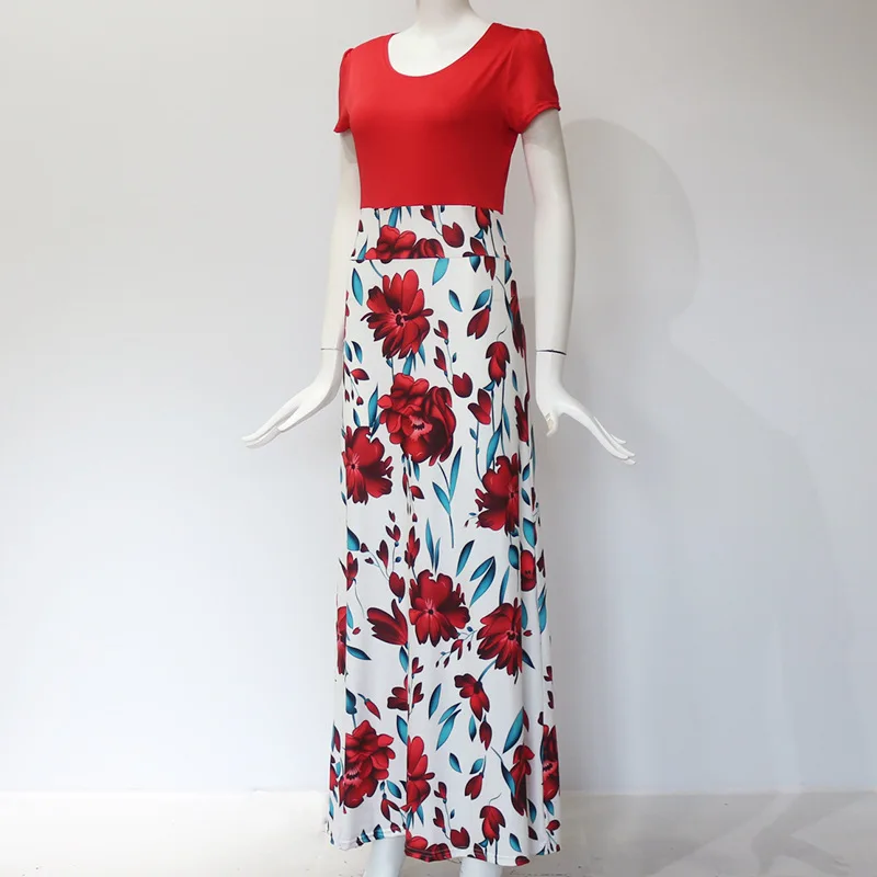 

Summer Fashion Women Splicing Elegant Long Party Dress Red Vintage Boho Casual Dress Female Short Sleeve Floral Maxi Dress