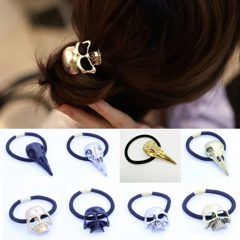 

Fashion 1 Pc Women Gothic Raven Skull Elastic Hair Rope Halloween Metal Hair Accessories Jewelry Gift