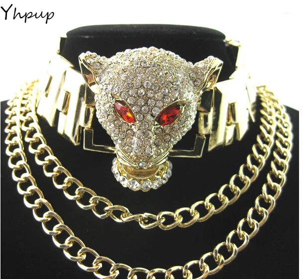

Brand Chain PU leather adjustable collar luxury chunky full crystal Rhinestone leopard head necklace