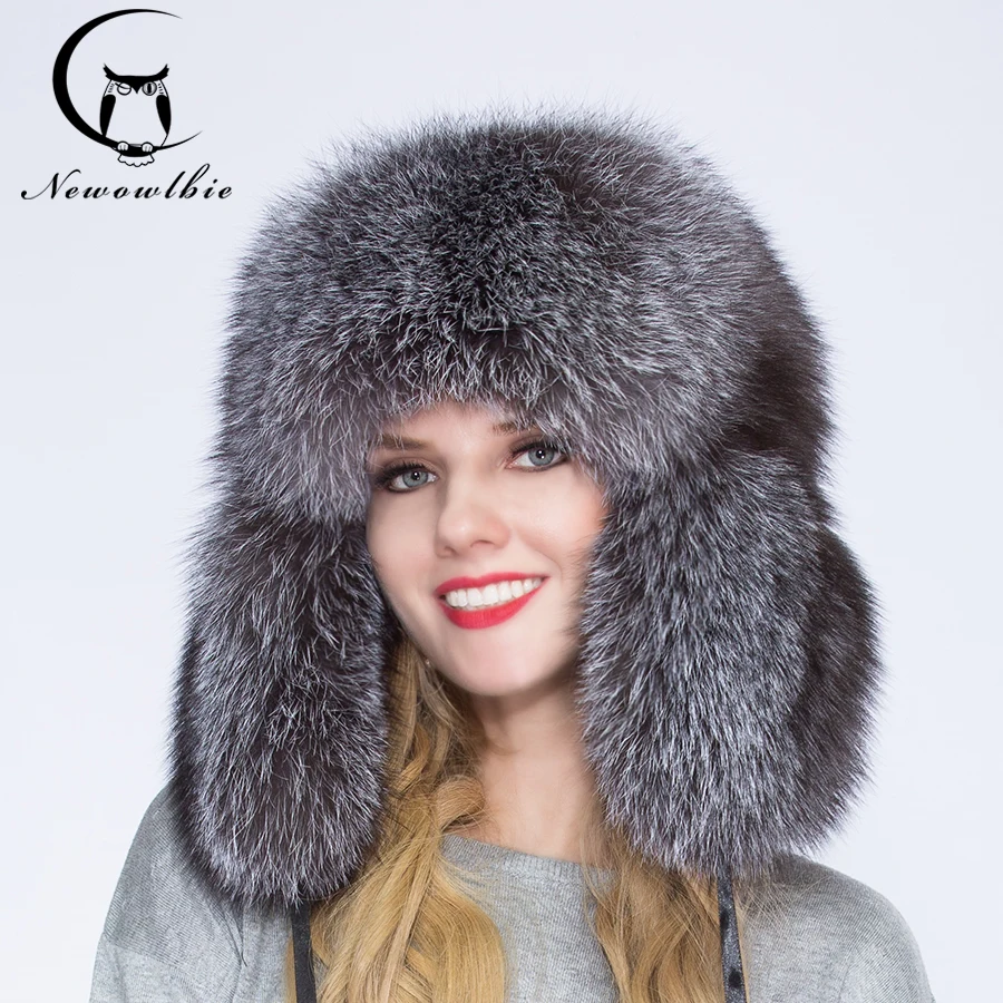 

2019 100% natural fox fur men and women winter hat, warm and comfortable, full of silver fox fur tyrant cap, ear cap