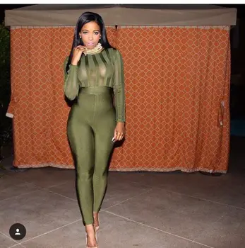 

Newest Ladies Sexy Long Sleeve Mesh Black Green Bandage Jumpsuit 2018 Celebrity Designer Fashion Jumpsuit