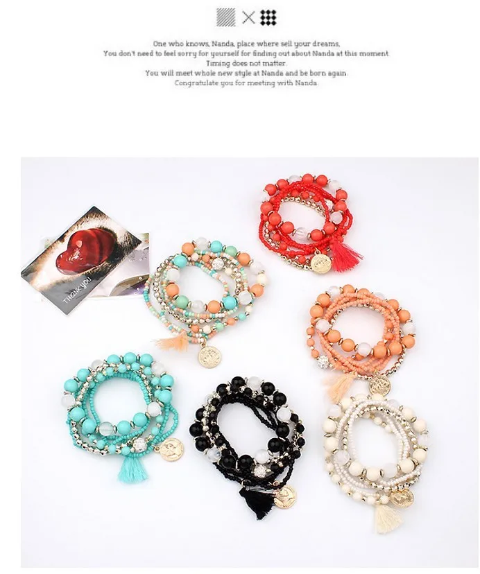 Богемные Многослойные Бусины карамельного цвета браслет с кисточками браслеты для женщин эластичный стрейч-Бижутерия Pulseiras Feminina XY-B70